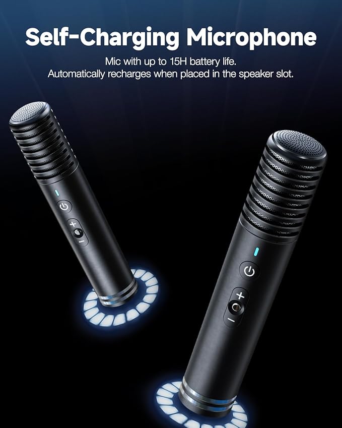 Ikarao Karaoke Machine with Lyrics Display Screen, KaraFun Prime, EQ, Autotune, Connect to TV, 2 Self-Charging Wireless Microphones, Karaoke System for Adults Kids, Portable Bluetooth Speaker for Home
