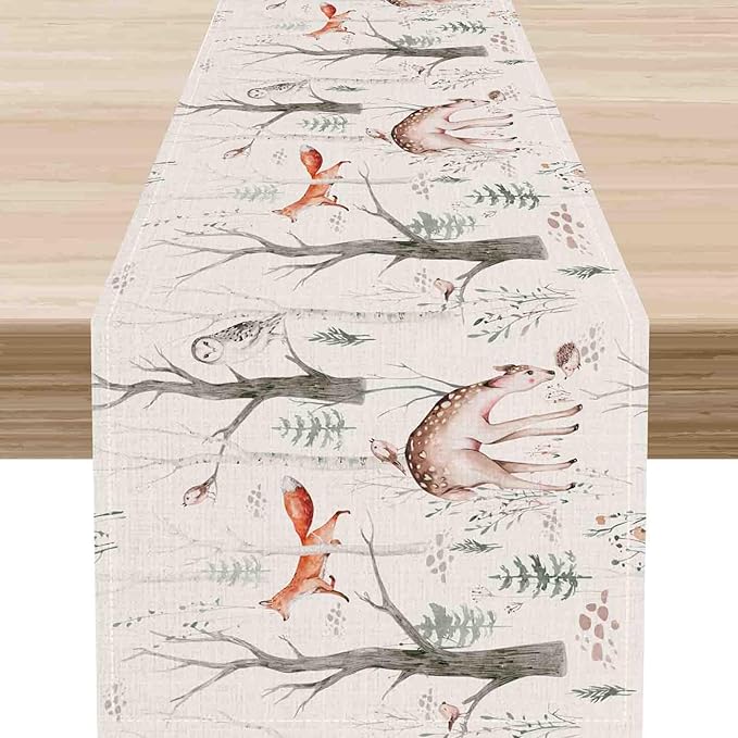 Rustic Forest Table Runner, Farmhouse Wild Woodland Animals Country Fox Rabbits Mushroom Botanical Green Table Center Decor for Home Kitchen Dining Patio Holiday Party, 13"x90" Inch