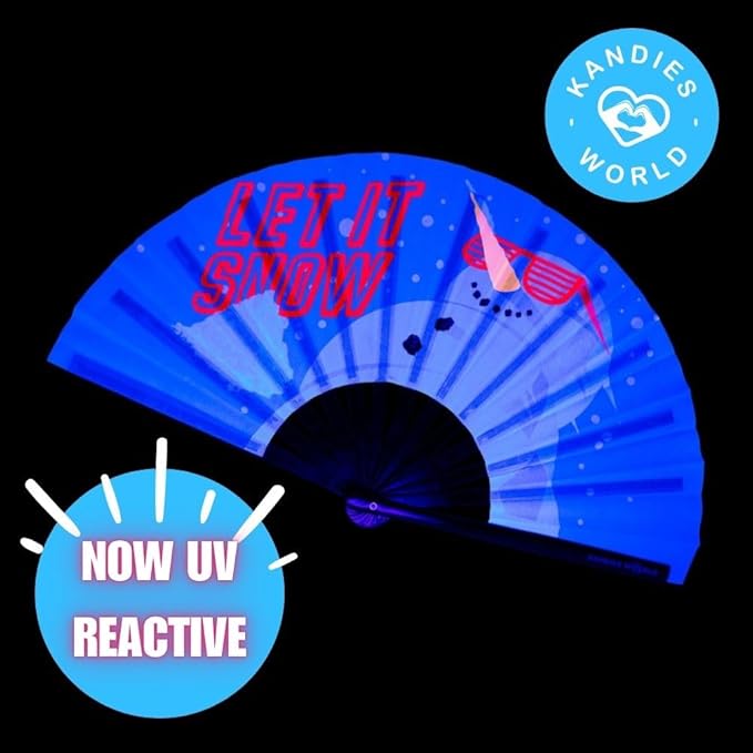 Kandies World UV Reactive Custom Festival Folding Hand Fan - Unique Designs, Made of Bamboo, Clacking Sound, Lightweight - Perfect Rave and Festival Accessory!