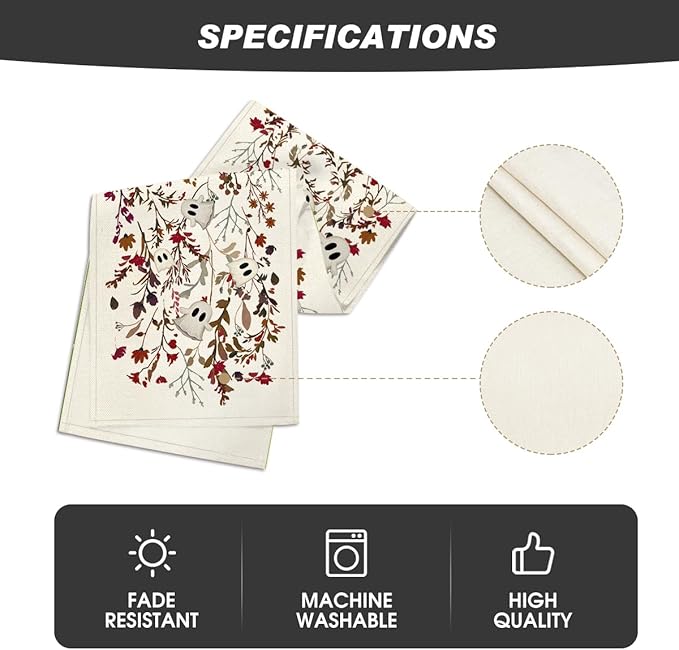 Artoid Mode Ghost Flowers Leaves 210 GSM Halloween Table Runner,Seasonal Fall Kitchen Dining Table Decoration for Home Party Decor 13x60 Inch