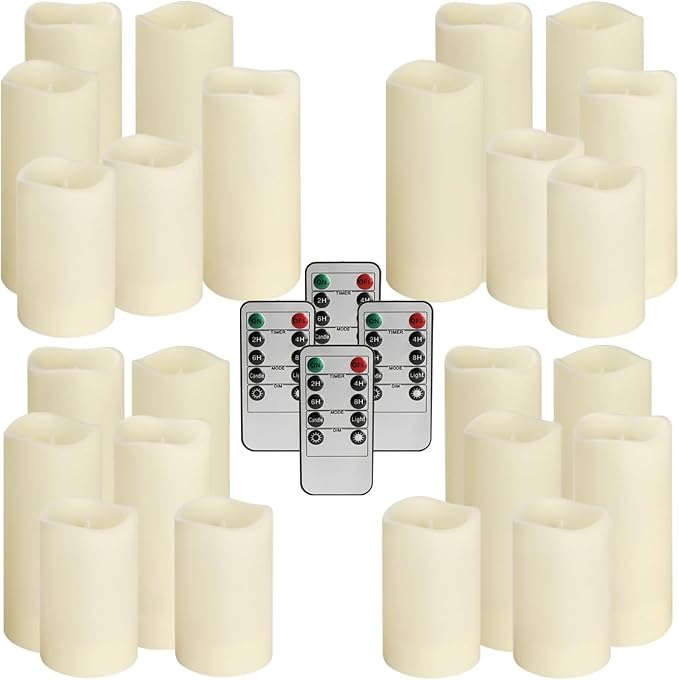 Set of 24 Waterproof Outdoor Flameless Candles, LED Candles with 4 Remote and Timer,(H 4" 5" 6" x D 2.2"),for Halloween Wedding Festiv