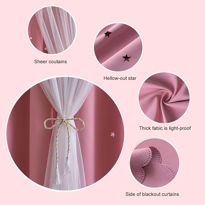 FANLI 2 Panels Star Blackout Curtains for Kid Girls Bedroom Living Room Darking Stripe Double Layer Star Cut Out Wall Home Decor Gradient Grommet Window Curtains (Pink 72L)