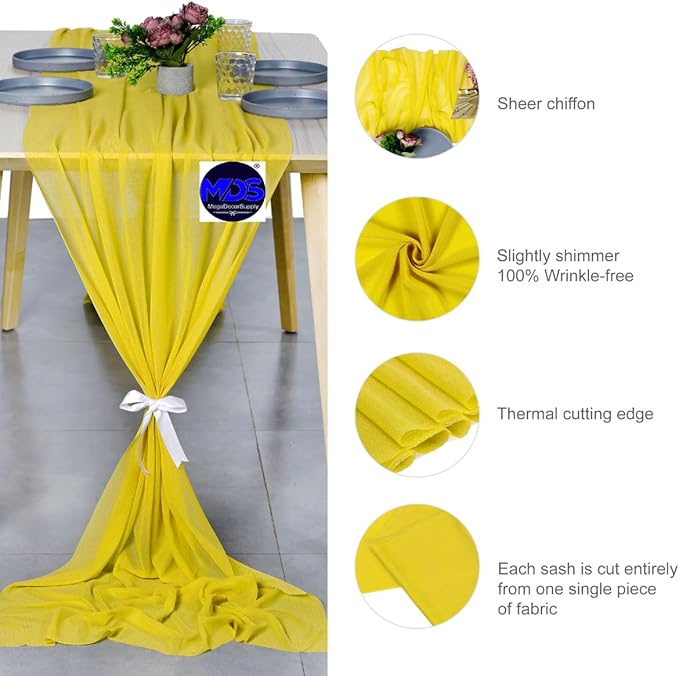 MDS 15 Pack 10ft Chiffon Table Runner 29 x 120 Inches Sheer Wedding Runner Romantic Rustic Table Runner for Wedding Decorations, Birthday Parties, Bridal Shower Party Arch Decor - Yellow