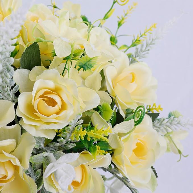 LESING Artificial Flowers with Vase for Table Centerpieces,Fake Silk Gardenia Flower in Vase Decoration for Home Office Party (Champagne)