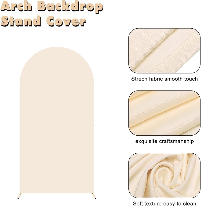 6FT Wedding Arch Backdrop Stand and Beige Arch Cover, Beige Spandex Fitted Backdrop Cover and Gold Wedding Arch Frame for Birthday Party Wedding Ceremony Bridal Baby Shower, Parties Decoration.