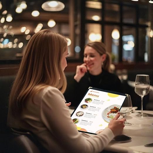 Goodsmart Restaurant Menu Covers – 25 Pack Black 2-View, Top-Loading Menu Holders, Vinyl & Plastic Café Menu Covers, Clear Menu Sleeves, Fits 11" x 17" & 8.5" x 11", Gold Corners
