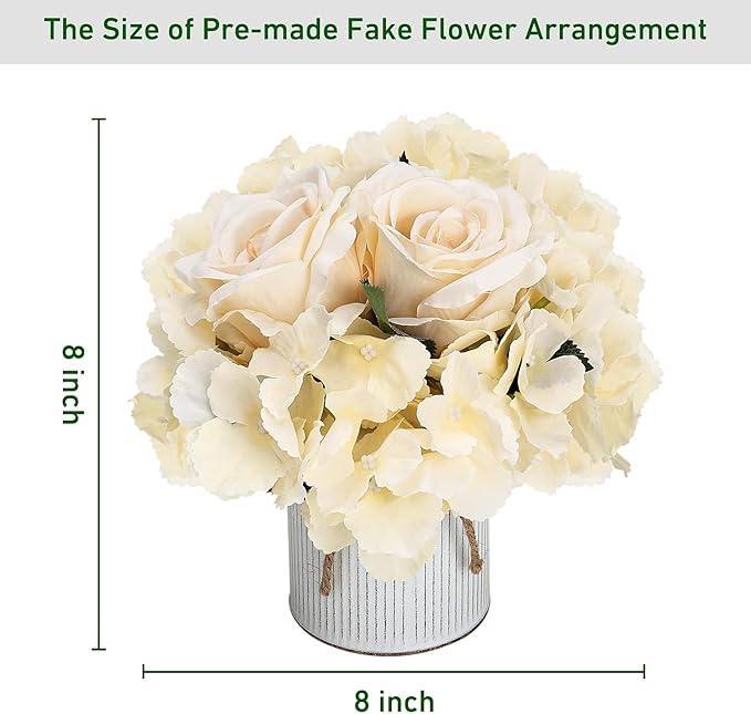 Flower Table Centerpieces - Set of 6 Floral Arrangement Artificial Wedding Hydrangeas Floral Arrangement with Rustic Metal Vase for Bridal Tea Party Event Decorations - Champagne