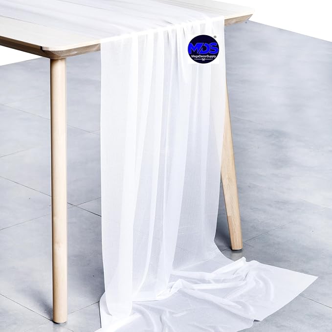 MDS 25 Pack 10ft Chiffon Table Runner 29 x 120 Inches Sheer Wedding Runner Romantic Rustic Table Runner for Wedding Decorations, Birthday Parties, Bridal Shower Party Arch Decor - White