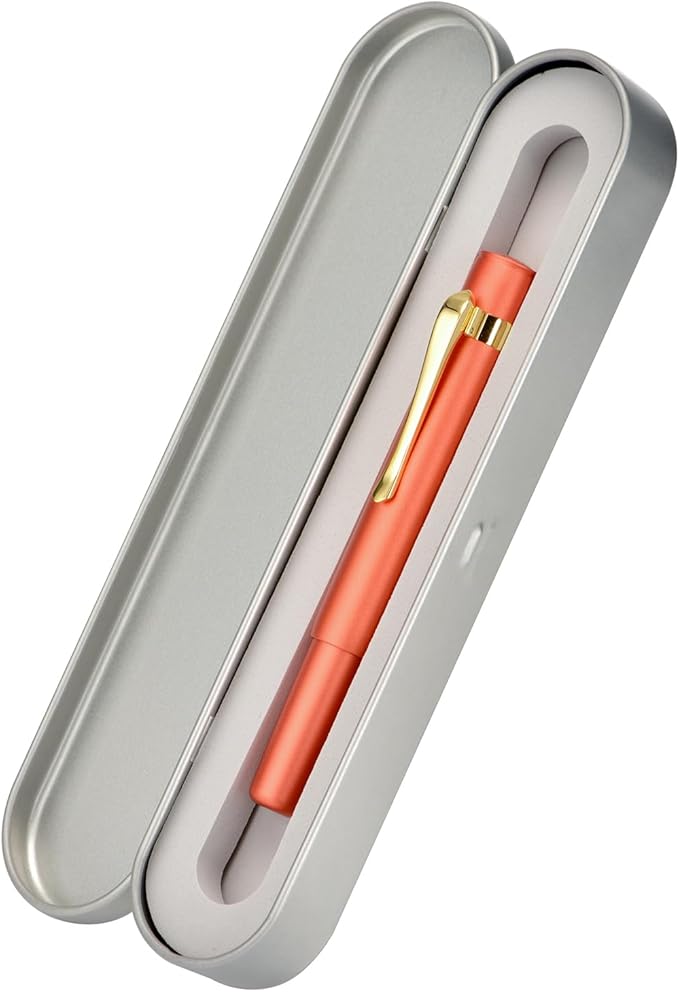 Hongdian M2 Mini Fountain Pen with Bent Nib, Sleek Shape Aluminium Short Pocket Travel Pen (Orange Red)