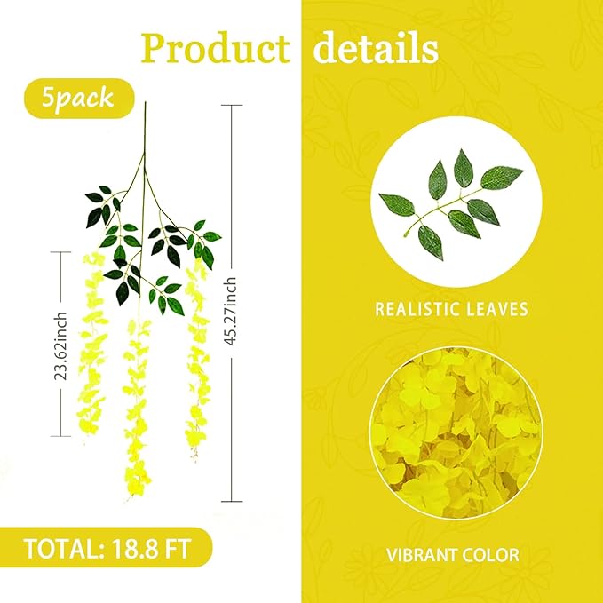5 Pack Yellow Wisteria Hanging Flowers Garland, 3.77 Feet Artificial Flower Vines, Fake Wisteria, Artificial Vines Hanging Garland for Backdrop Outdoor Yard Garden Decor