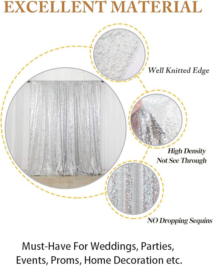 ShinyBeauty Silver Sequin Curtain 2Panels 5FTx10FT Glitter Wedding Backdrop for Photography - Shimmer Payette Fabric Background