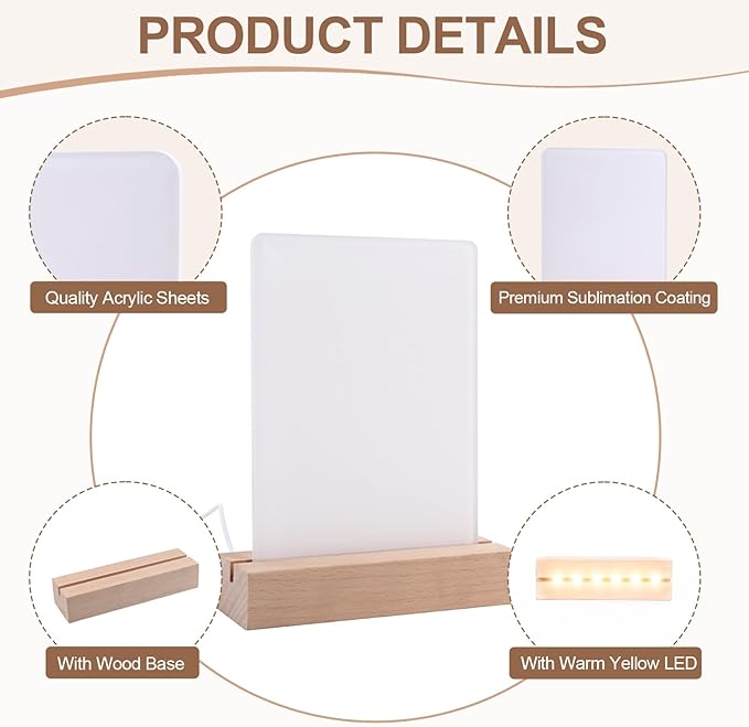 5" x 7"- 6pcs Acrylic 4pcs Frame Sublimation LED Acrylic Photo Frames Night Lights Blanks Heart Shape,with Warm Color Light with Wood Stand for Heat Press Machine Printing