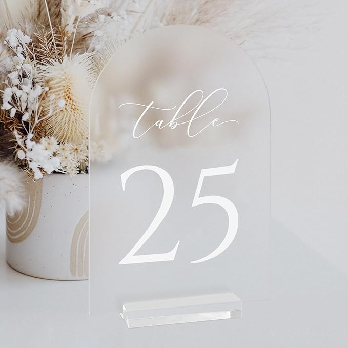 JINMURY Frosted Arch Table Numbers for Wedding, 5x7 Inch Acrylic Table Numbers 1-25 with Stands, Frosted Acrylic Arch Tabletop Sign with Holder for Centerpiece, Reception, Wedding, Party, Event