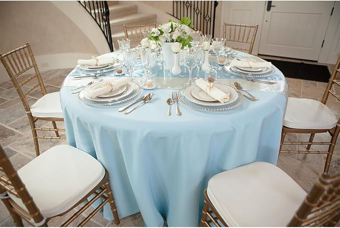 LTC LINENS Baby Blue Tablecloth 120 in Round for 60 Inch Circular Table - Washable, Wrinkle Resistant Polyester Fabric Cloth for Baby Shower, Wedding