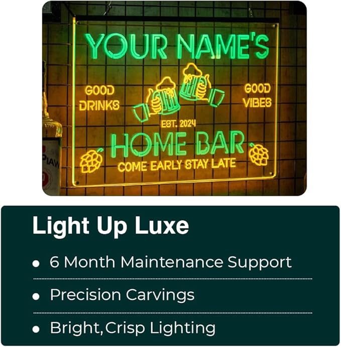 Personalized My bar my rule Signs with Your Name for home wall light up with personalized pub name, man cave accessories, beer themed neon customizable lighted sign