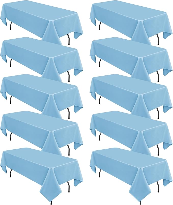 10 Pack Light Blue Tablecloths for 6 Foot Rectangle Tables 60 x 102 Inch - 6ft Rectangular Bulk Polyester Fabric Table Clothes for Wedding Buffet Party Banquet Reception Restaurant and Camping