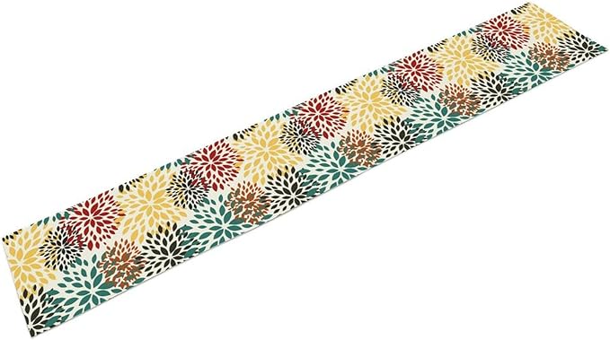 Green Red Dahlia Flower Table Runner Chrysanthemum Geometric Kitchen Dining Bedroom Living Room Table Decor for Indoor Outdoor Home Party, 13x108 Inch