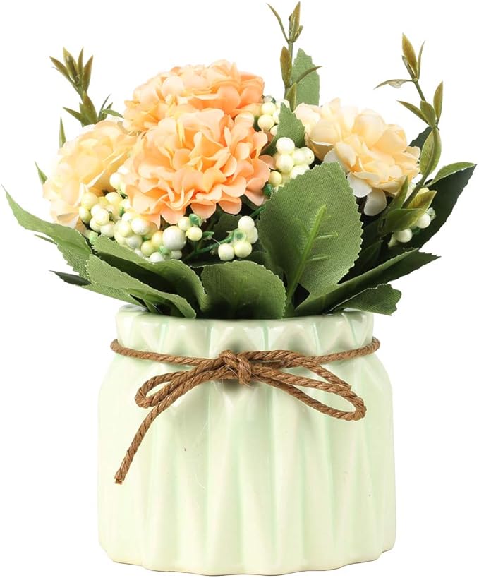 Artificial Hydrangea Bouquet with Small Ceramic Vase Fake Silk Variety Flower Balls Flowers Decoration for Table Home Party Office Wedding (White)