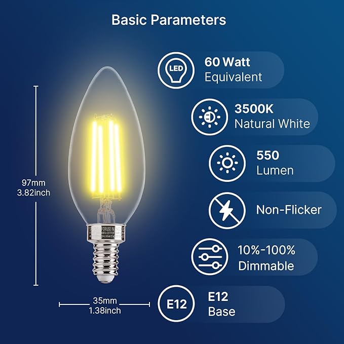 FLSNT 60W Equivalent LED Chandelier Light Bulbs, Dimmable LED B11 E12 Candelabra Base Bulbs, 3500K Natural White, 550LM, 12 Pack UL,CA65 Listed.