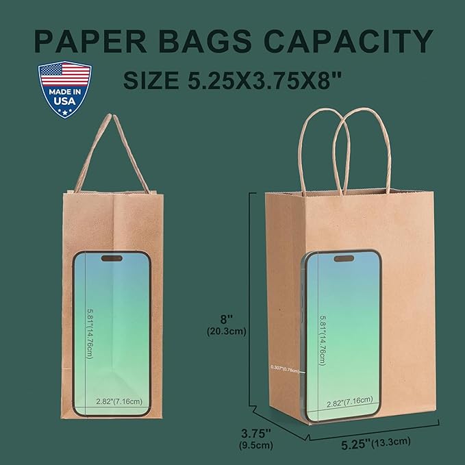 METRONIC Brown Paper Bags with Handles Bulk 5.25x3.75x8'' 100 Pcs Kraft Gift Bags for Small Business, Birthday, Wedding, Party Favors, Christmas, Retail Shopping, Made in USA