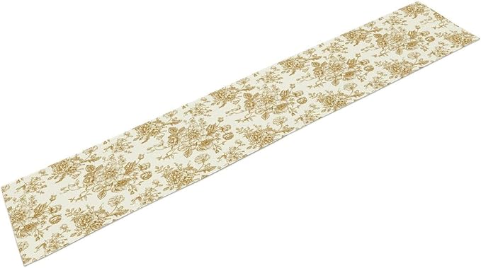 Retro Floral Table Runner, Golden White Wildfloral Sketch Print Kitchen Dinning Table Runner for Indoor Outdoor Home Wedding Party Holiday, 13x90 Inch