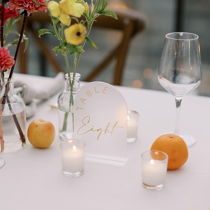 JINMURY Frosted Arch Wedding Table Numbers 1-20 with Stands, 5x7 Inch Acrylic Arch Sign with Golden Lettering, Frosted Acrylic Table Numbers for Wedding Reception