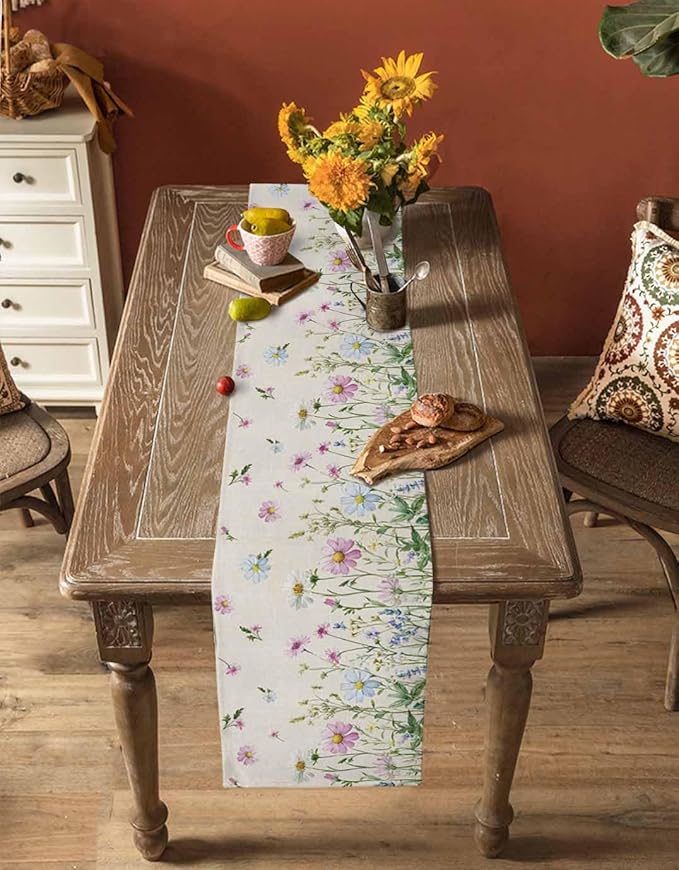 Vintage Wildflowers Cotton Linen Table Runner for Dining Kitchen, Wedding Outdoor Party Tablerunners Decoration, Farm Floral Pink Botanical Plants Dresser Scarf Coffee Tablecloth Runners 13x36 Inches