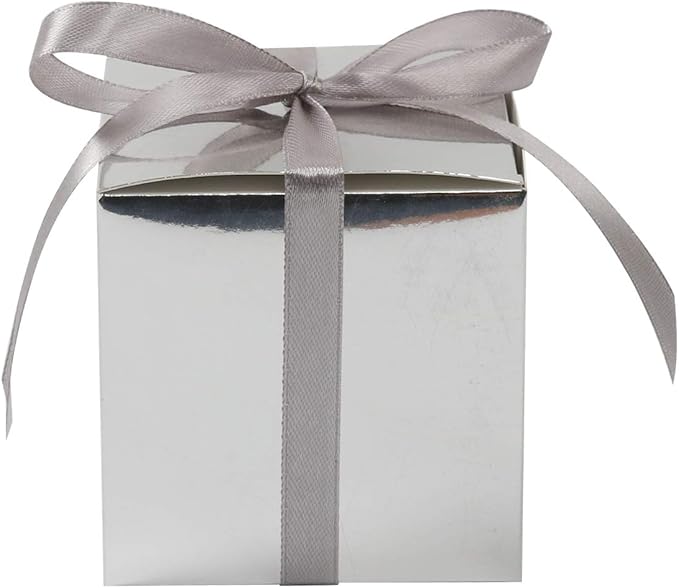 COTOPHER 60pcs Small Gift Boxes, Favor Boxes 2x2x2 inches Paper Gift Boxes with Ribbons Candy Box for Wedding Favors Baby Shower Bridal Shower Birthday Party (60 Metallic Silver)
