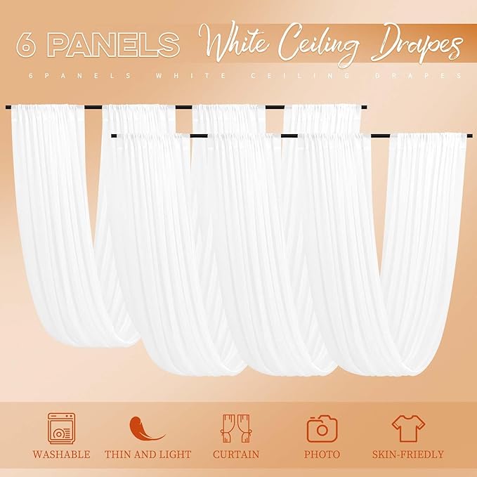 6 Panels White Ceiling Drapes for Wedding 5ftx15ft - Wedding Arch Draping Fabric Cheesecloth Sheer Curtain - Romantic Decorations for Party Banquet Ceremony Stage
