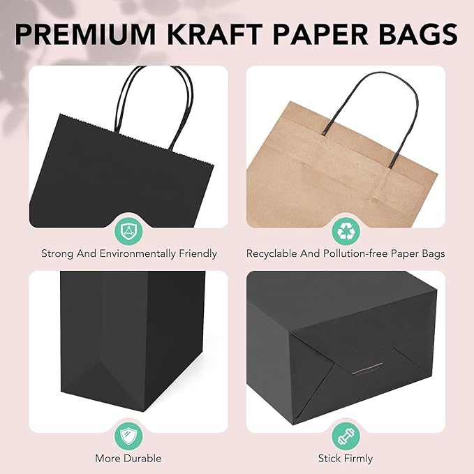 METRONIC Kraft Paper Gift Bags with Handles 5.25x3.75x8 Inch 20000 Pack | Christmas, Birthday Party Favors, Retail Shopping, Small Business Bulk | Black Gift Wrap Bag