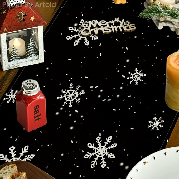 Artoid Mode Black Snowman Snowflake Let it Snow Winter Table Runner, Christmas Kitchen Dining Table Decoration for Home Party Decor 13x60 Inch