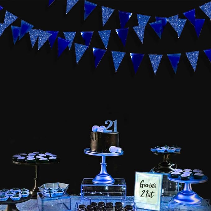 30 Ft Royal Blue Party Decorations Navy Blue Metallic Glitter Paper Triangle Banner Flag Garland Pennant Bunting for Graduation Birthday Wedding Bridal Shower Ahoy Achor Nautical Theme Party Supplies