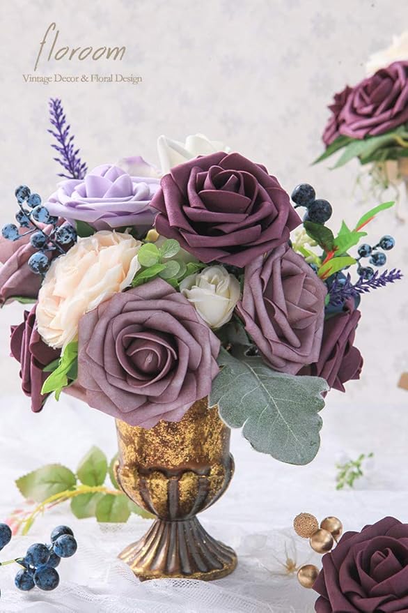 Floroom Artificial Flowers 25pcs Real Looking Rosy Brown Foam Fake Roses with Stems for DIY Wedding Bouquets Bridal Shower Centerpieces Floral Arrangements Party Tables Home Decorations