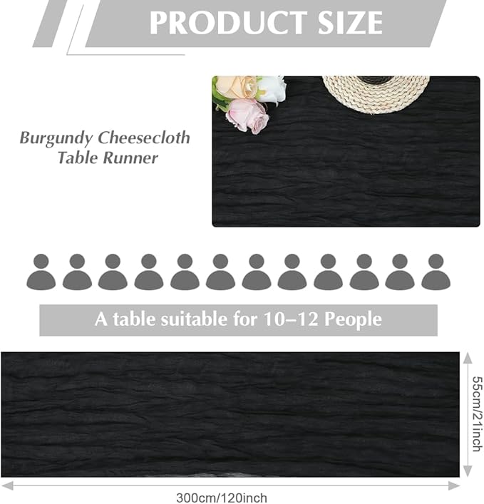 10 Pack Black Cheesecloth Table Runner -21*120Inch Long Boho Wedding Table Decor, Rustic Gauze Fabric Runner for Bridal Showers, Baby Showers & Parties (Sheer, Lightweight, Wrinkled Design)