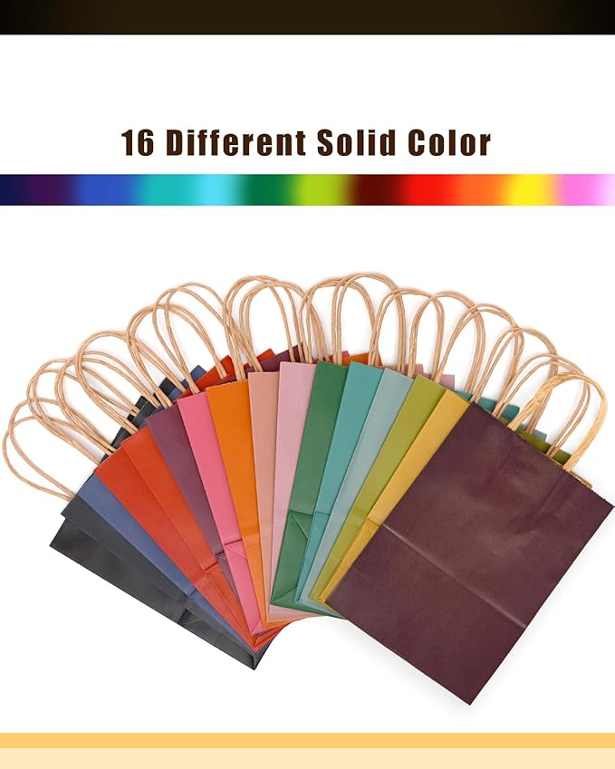 qiqee 100Pcs Small Size Paper Gift Bags with Handles - 8.3"x6"x3.15" Kraft Small Party Bags - 16 Solid Colors