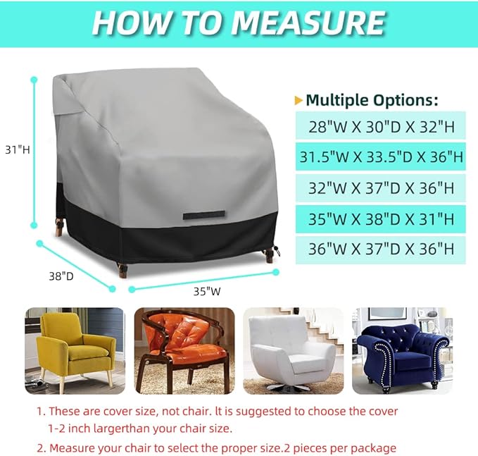 Patio Swivel Chair Cover Waterproof 2 Pack, 600D Heavy Duty Outdoor Furniture Covers for Universal Lawn/Deck/Garden/Backyard Fits up 35" W*38" D*31" H, Gray/Black