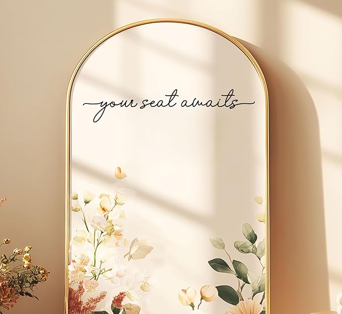 Your Seat Awaits Vinyl Decal, Wedding Seating Sticker, Mirror Decal for Seating, Please Find Your Seat Signs, Wedding Decor Sign (Black, Width 17")