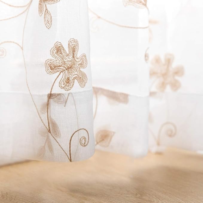 Floral Embroidery Sheer Curtains Beige 95 Inch Length, Rod Pocket Voile Drapes for Living Room, Bedroom, Window Treatments Semi Crinkle Curtain Panels for Yard, Patio, Villa, Set of 2, 52"x 95".
