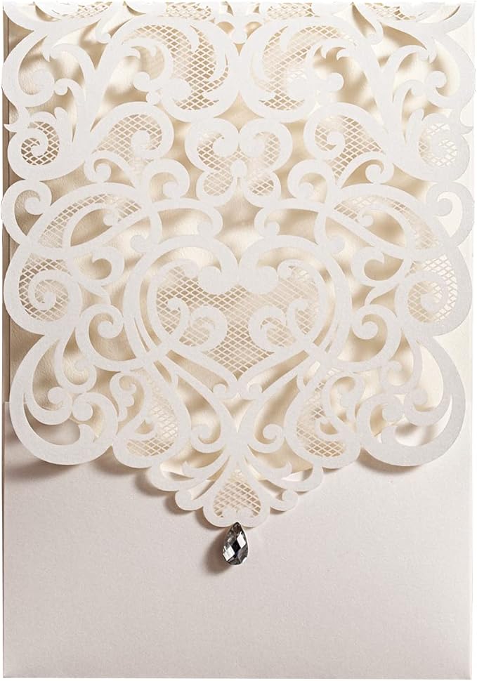 Hosmsua 50PCS White Wedding Invitations Kit 5 x 7.3 Inch Laser Cut Hollow Rose Rhinestone Pocket with Envelope for Quinceanera Bridal Shower Invite (White Ivory)
