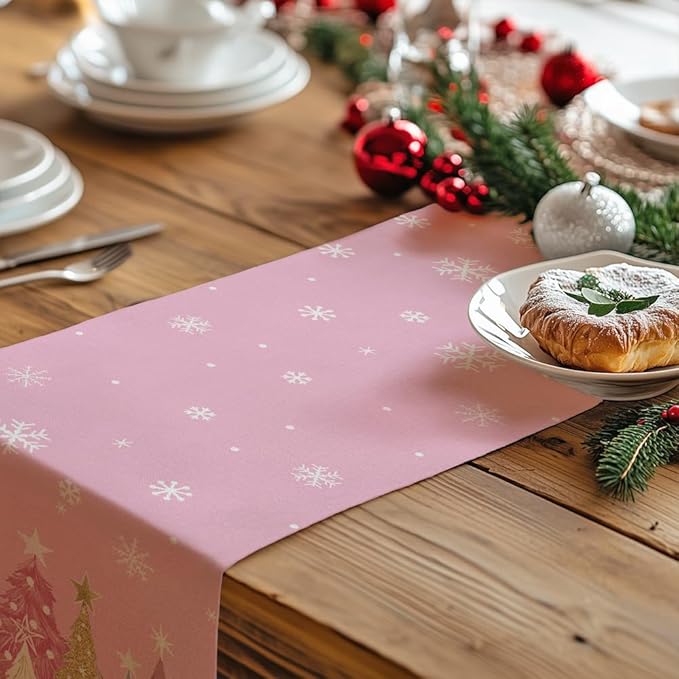 GEEORY Christmas Table Runner 13x60 Inch, Xmas Trees Snowflakes Holiday Decorative Farmhouse Table Decoration for Kitchen Dinning, Indoor Outdoor Dinner Party Decor (Pink) GT153-60