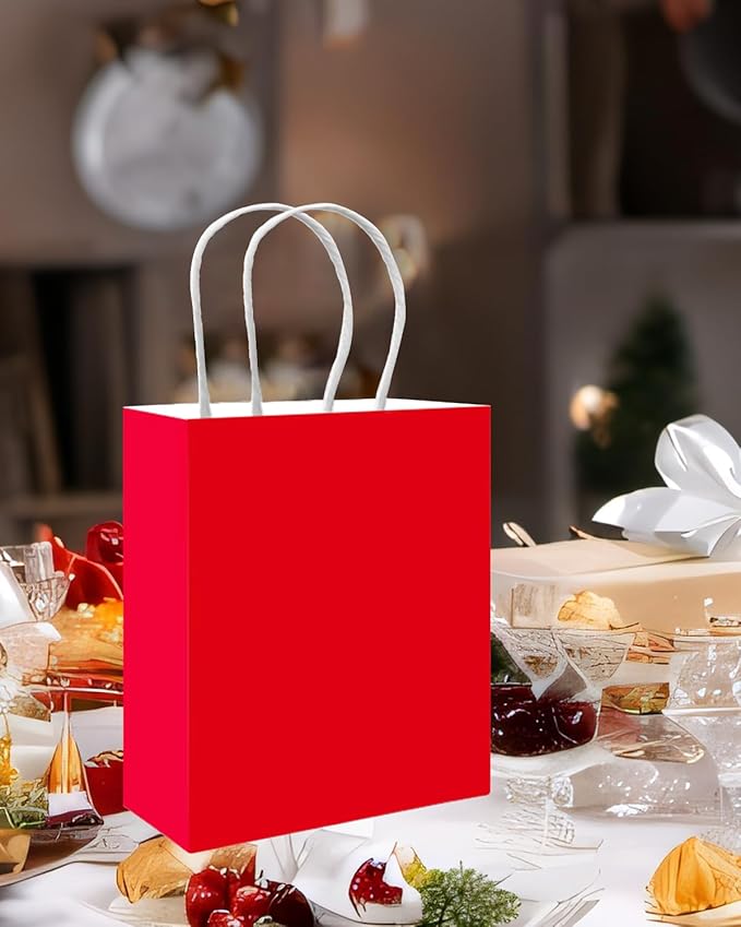 qiqee 50-Packs Red Paper Gift Bags with Handles Bulk 11"x8.3"x4.3" Medium Size Paper Bags Multiple Uses