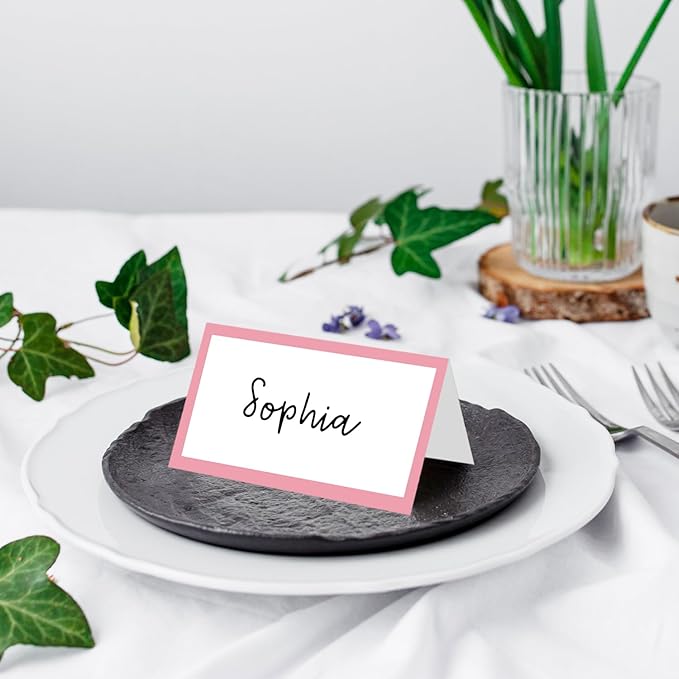 25 Pack Blush Pink Border Place Cards, Editable Name Cards for Table Setting, Tent Cards Food Label for Dinner Party, Bridal Shower, Wedding, Baby Shower and Events -T23
