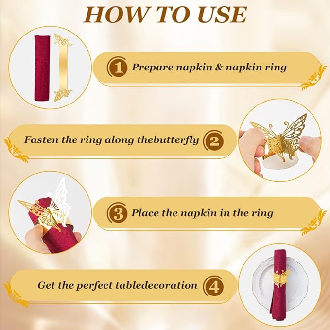 150PCS Butterfly Napkin Rings for Luxury Banquet Style, Reusable Paper Napkin Holders for Wedding Banquet Dinner Table Decor, and Catering Party Services (Gold)
