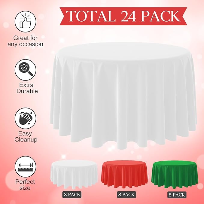 24 Pack Christmas Round Disposable Tablecloth, Red White Green Circle Plastic Tablecloth Bulk, Italy Theme Table Covers for Christmas Family Gathering Dining Banquet Italian Party Decoration,84inch