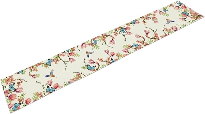 Floral Butterfly Table Runner Seasonal Spring Flower Bird Table Decoration Table Runner for Home Party Decoration 13x36 Inch