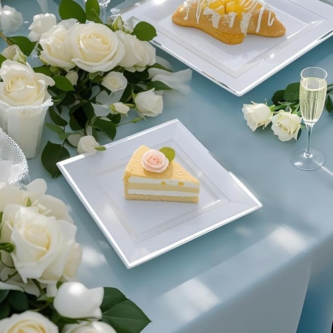 Festiva 350Pcs Silver Plates - Silver Square Plastic Plates 9 .5" and 6" - serve for 50 guests include 50 Cups 50Plastic Cutlery 50Hand Napkins Perfect for Party&Wedding&Birthday&Easter Day