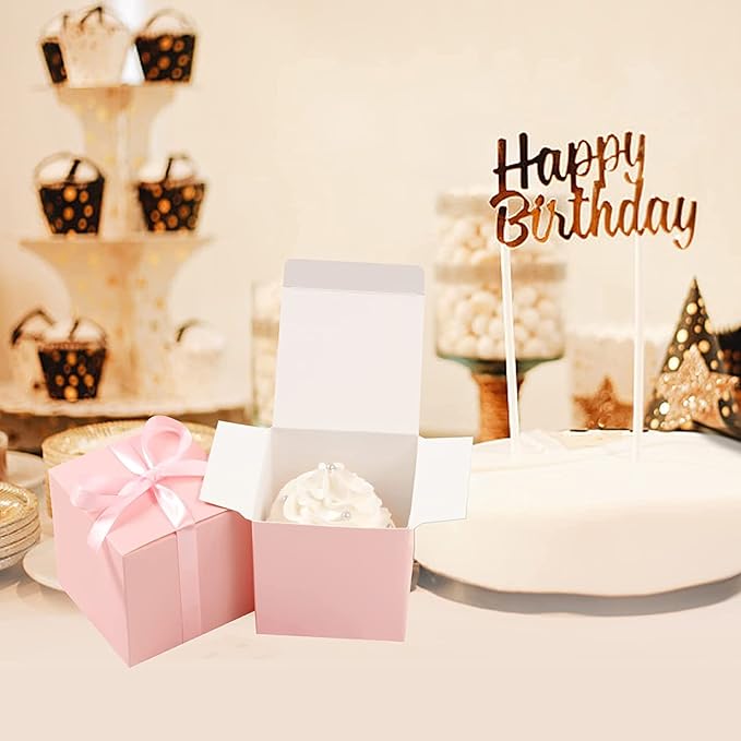 COTOPHER 60pcs Wedding Favor Boxes, Paper Gift Boxes 3x3x3 Inches Small Gift Boxes with Ribbons Small Boxes for Gifts, Crafting, Cupcake, Candy, Bridesmaid Proposal Boxes