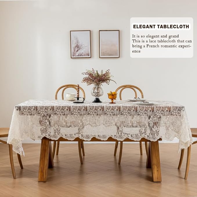 Lace Embroidered Tablecloth. Square Lace Vintage Tablecloth Dustproof Table Protector for Kitchen Dining Room Party Banquet Home Picnic Wedding Decoration (Creamy White 53×53 inch)