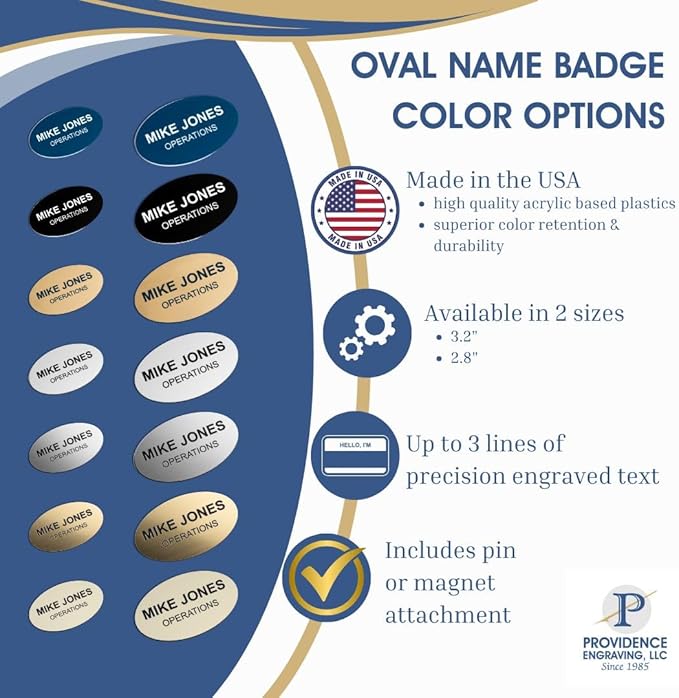 Custom Engraved Name Tag Badges – Personalized Identification with Pin or Magnetic Backing, 2.8 Inch Oval, Radiant Gold/Black