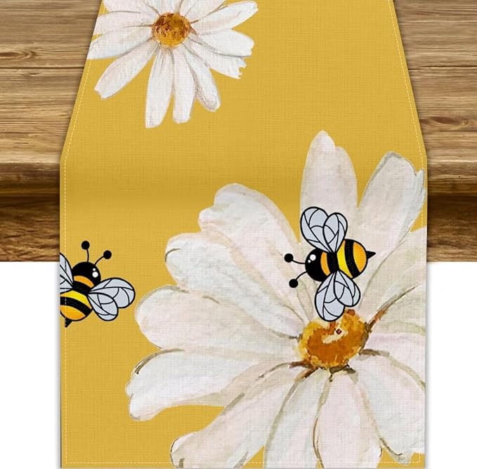 Daisy Flower Table Runner, Summer Spring Seasonal Watercolor Wildflower Yellow Bee Print Table Cover for Home Party Decor Kitchen Dining Table, 13x90inch